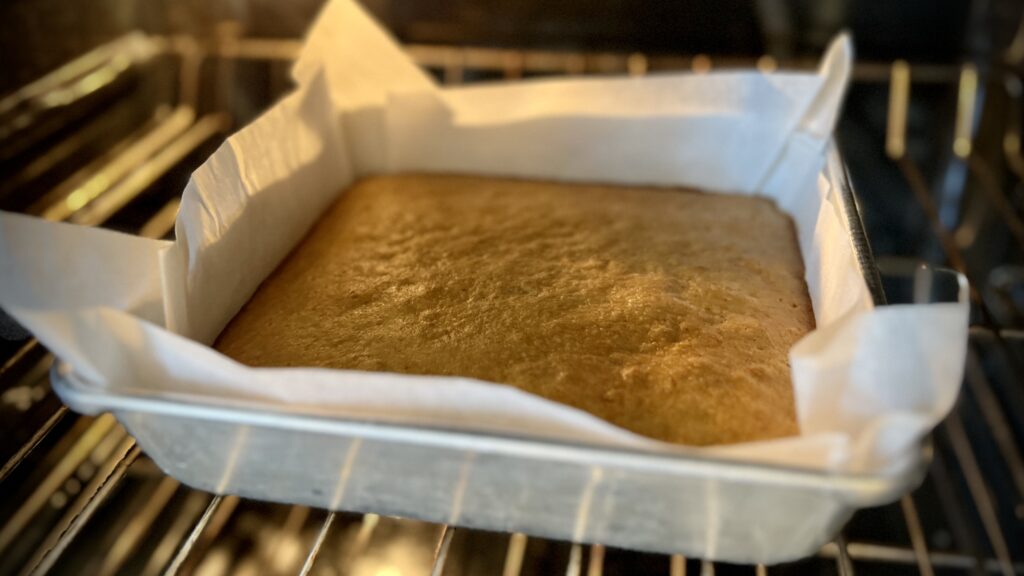 Banana Caramel Bars in the oven