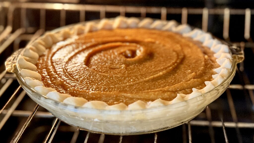 Southern Sweet Potato Pie in oven